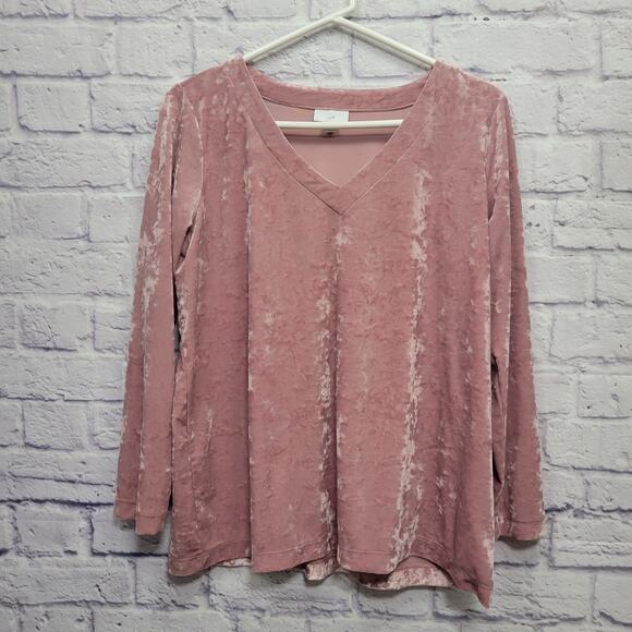 J Jill Crushed Velour Popover Top Size MP Mauve Rose Pink V-Neck Stretchy - Picture 1 of 8